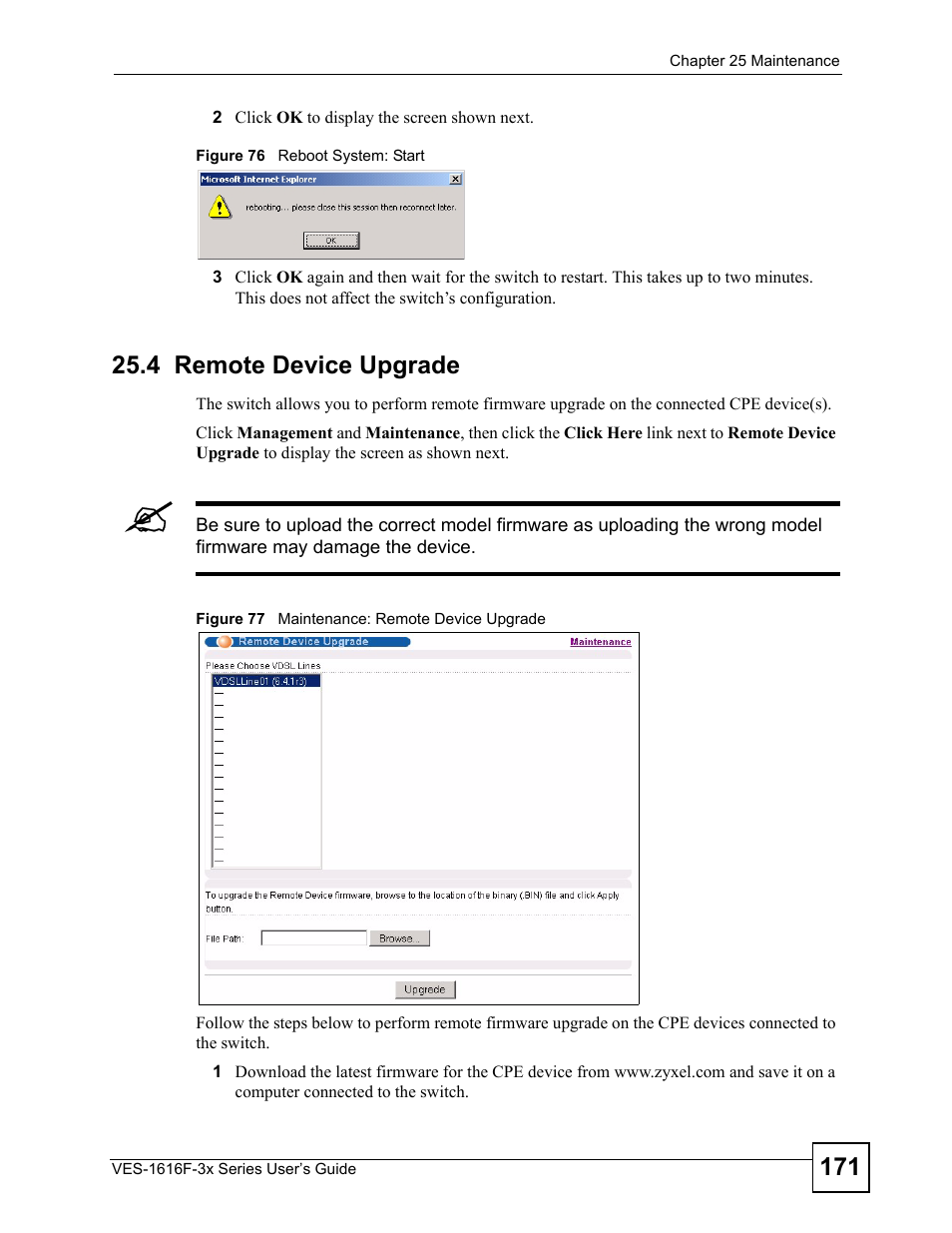 4 remote device upgrade | ZyXEL Communications VDSL SWITCH VES-1616F-3X User Manual | Page 171 / 310