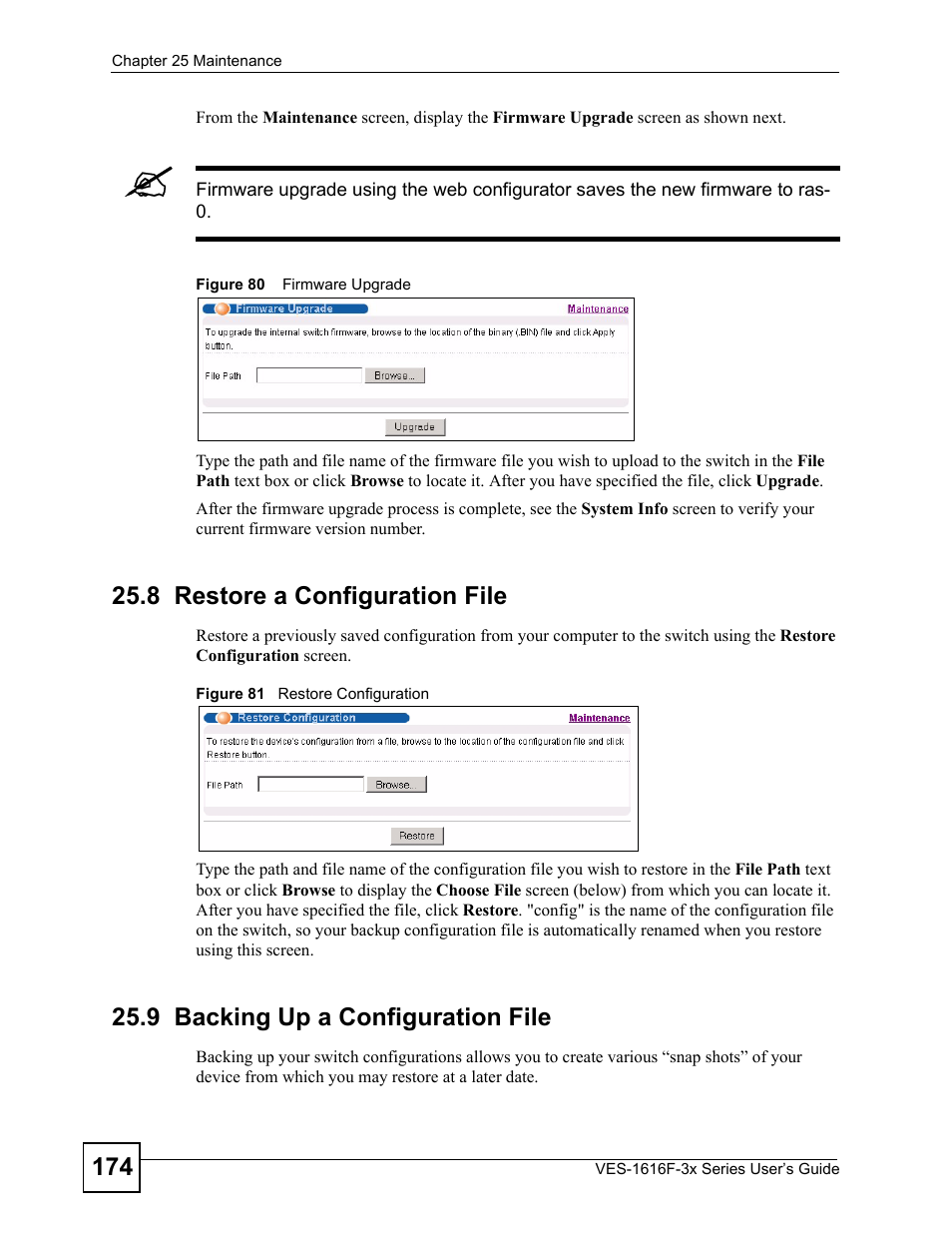 8 restore a configuration file, 9 backing up a configuration file | ZyXEL Communications VDSL SWITCH VES-1616F-3X User Manual | Page 174 / 310