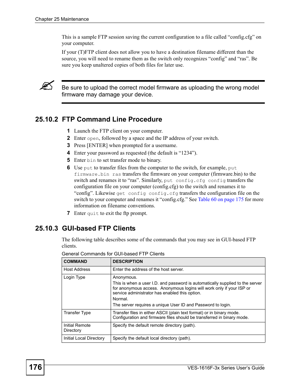 2 ftp command line procedure, 3 gui-based ftp clients | ZyXEL Communications VDSL SWITCH VES-1616F-3X User Manual | Page 176 / 310