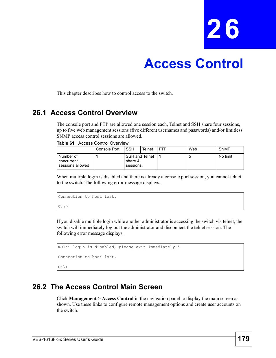 Access control, 1 access control overview, 2 the access control main screen | Chapter 26 access control, Table 61 access control overview, Chapter, Access control (179) | ZyXEL Communications VDSL SWITCH VES-1616F-3X User Manual | Page 179 / 310