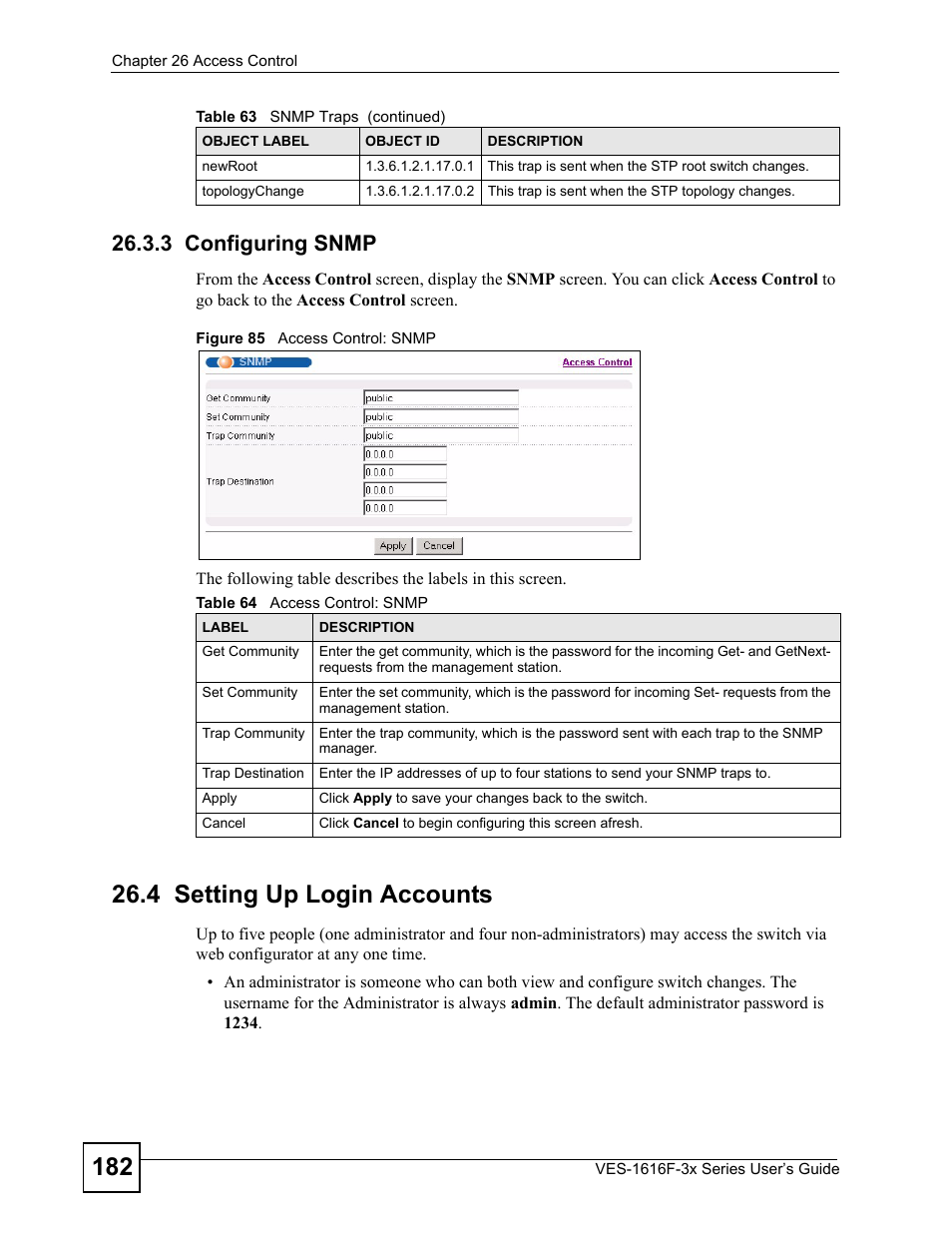 3 configuring snmp, 4 setting up login accounts, Figure 85 access control: snmp | Table 64 access control: snmp | ZyXEL Communications VDSL SWITCH VES-1616F-3X User Manual | Page 182 / 310