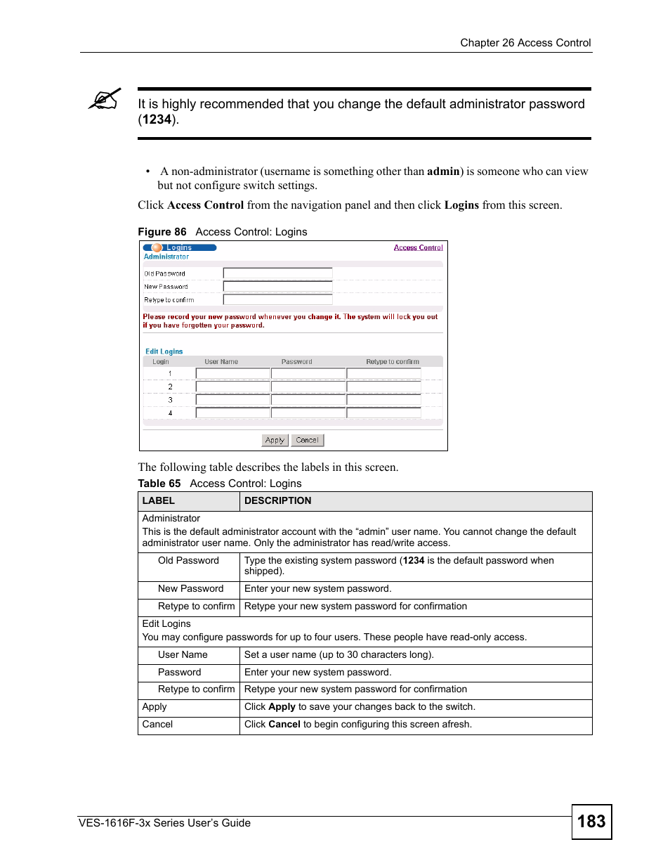 Figure 86 access control: logins, Table 65 access control: logins | ZyXEL Communications VDSL SWITCH VES-1616F-3X User Manual | Page 183 / 310