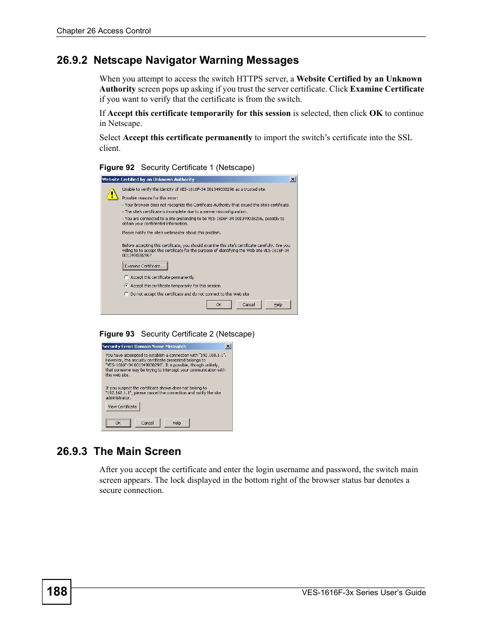 2 netscape navigator warning messages, 3 the main screen | ZyXEL Communications VDSL SWITCH VES-1616F-3X User Manual | Page 188 / 310