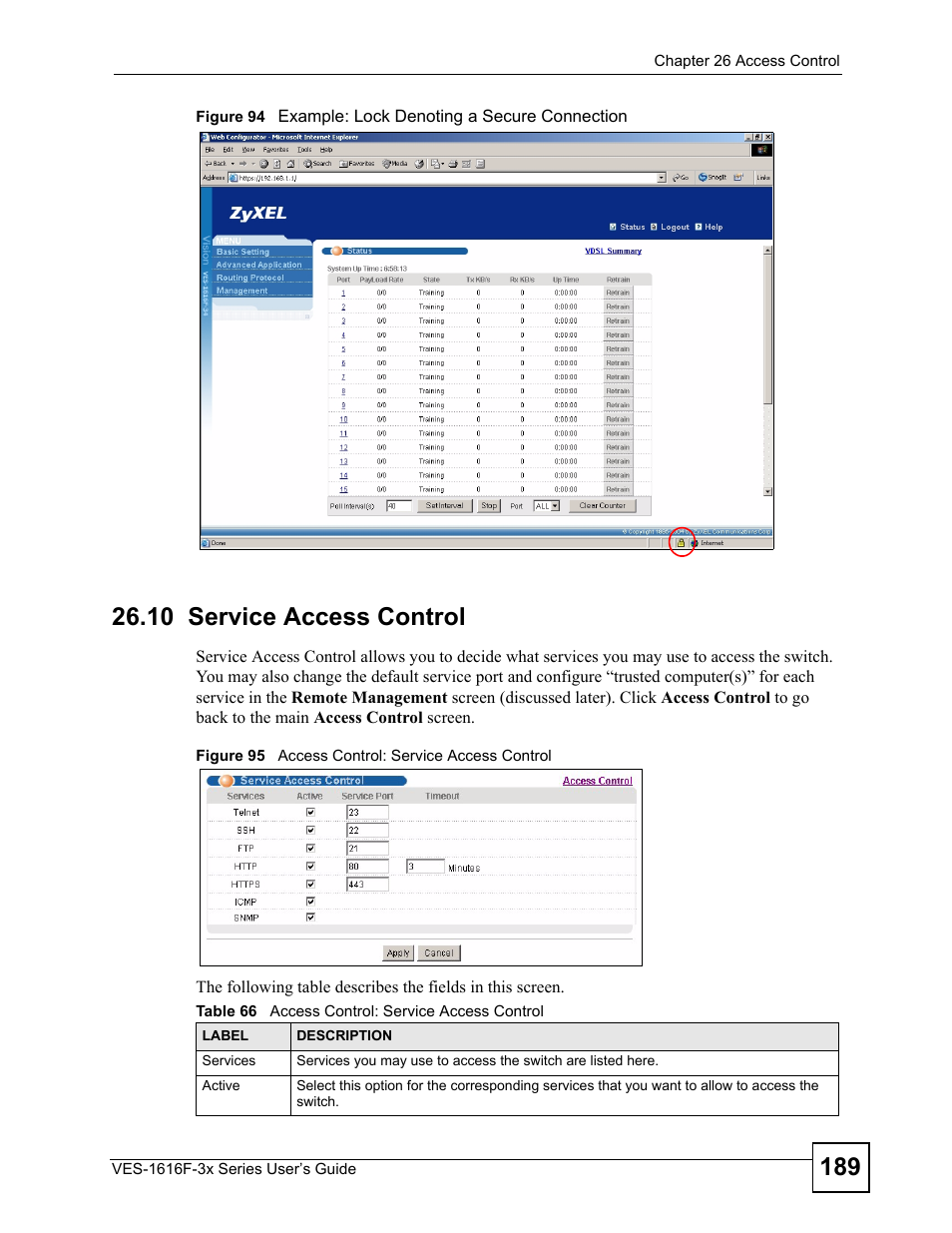 10 service access control, Table 66 access control: service access control | ZyXEL Communications VDSL SWITCH VES-1616F-3X User Manual | Page 189 / 310