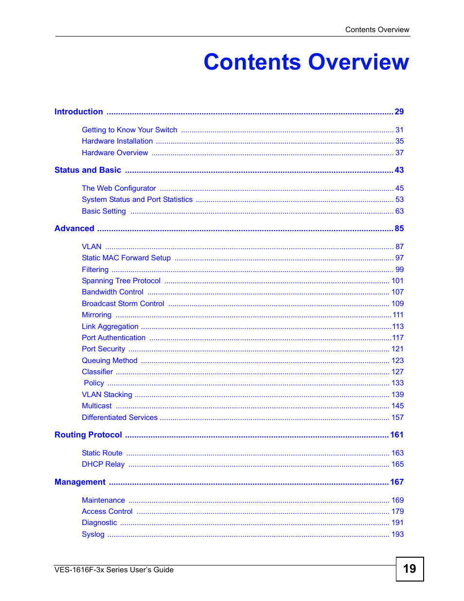 Contents overview | ZyXEL Communications VDSL SWITCH VES-1616F-3X User Manual | Page 19 / 310