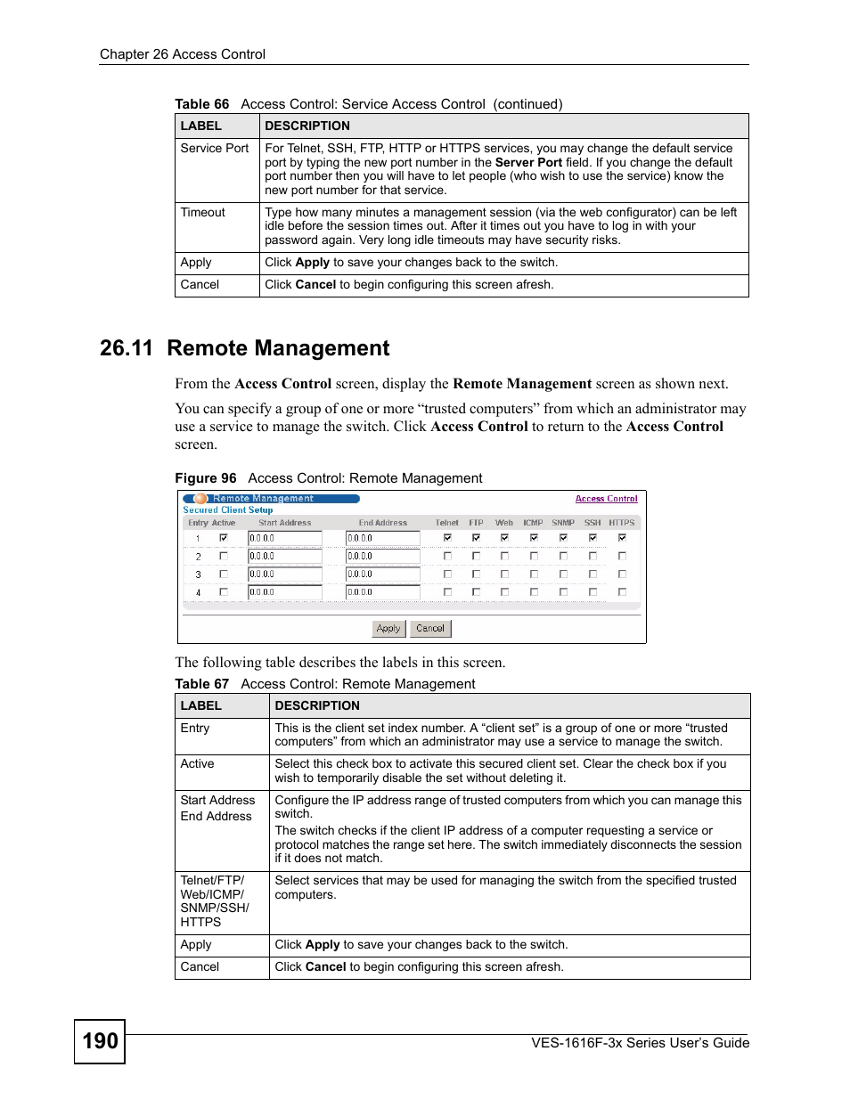 11 remote management, Figure 96 access control: remote management, Table 67 access control: remote management | ZyXEL Communications VDSL SWITCH VES-1616F-3X User Manual | Page 190 / 310