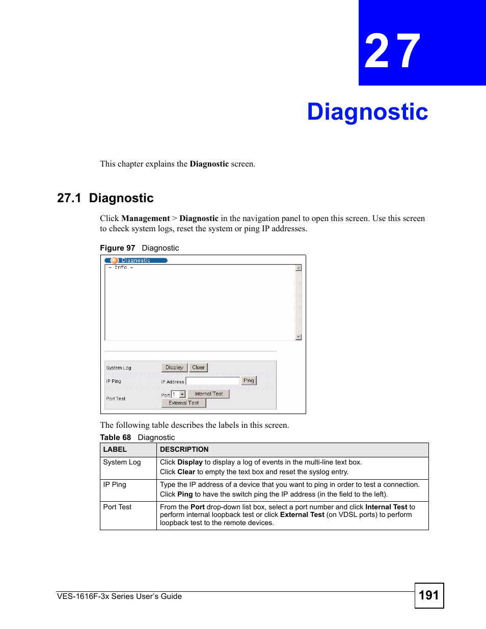 Diagnostic, 1 diagnostic, Chapter 27 diagnostic | Figure 97 diagnostic, Table 68 diagnostic, Diagnostic (191) | ZyXEL Communications VDSL SWITCH VES-1616F-3X User Manual | Page 191 / 310