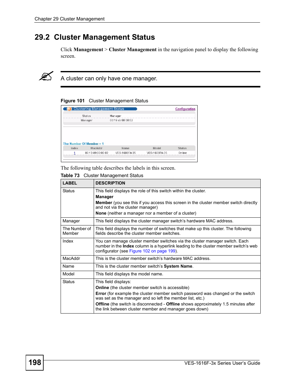 2 cluster management status, Figure 101 cluster management status, Table 73 cluster management status | ZyXEL Communications VDSL SWITCH VES-1616F-3X User Manual | Page 198 / 310
