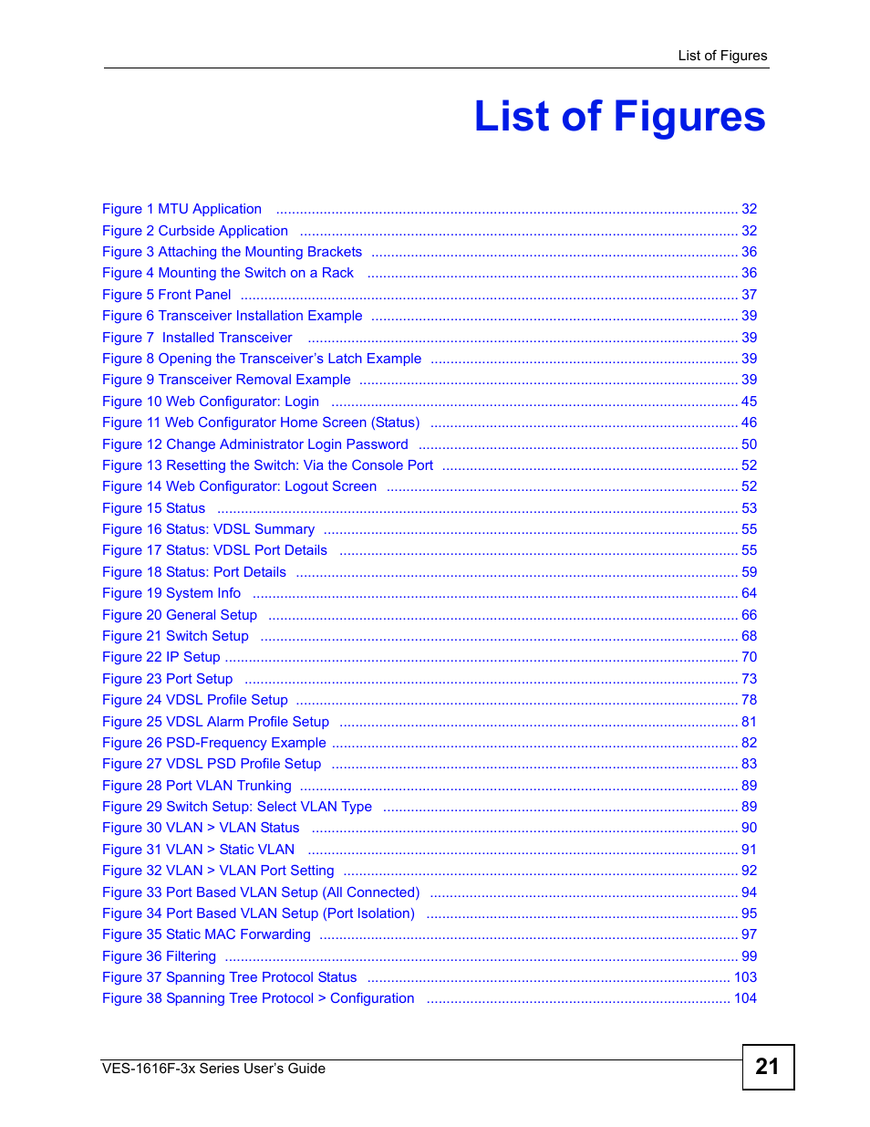 List of figures | ZyXEL Communications VDSL SWITCH VES-1616F-3X User Manual | Page 21 / 310