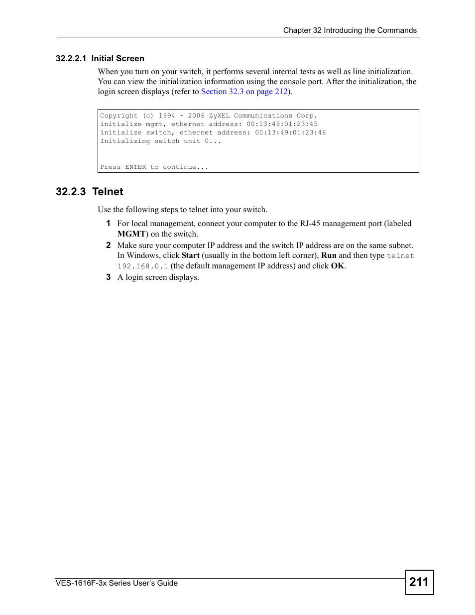 3 telnet | ZyXEL Communications VDSL SWITCH VES-1616F-3X User Manual | Page 211 / 310