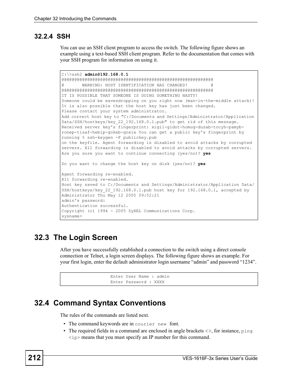 4 ssh, 3 the login screen, 4 command syntax conventions | 3 the login screen 32.4 command syntax conventions | ZyXEL Communications VDSL SWITCH VES-1616F-3X User Manual | Page 212 / 310