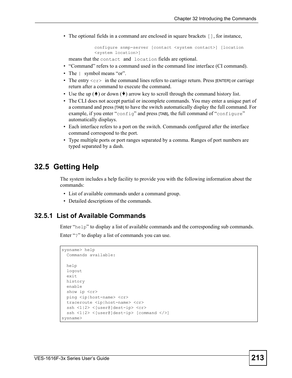 5 getting help, 1 list of available commands | ZyXEL Communications VDSL SWITCH VES-1616F-3X User Manual | Page 213 / 310