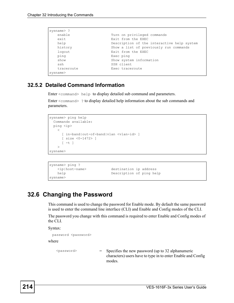 2 detailed command information, 6 changing the password | ZyXEL Communications VDSL SWITCH VES-1616F-3X User Manual | Page 214 / 310