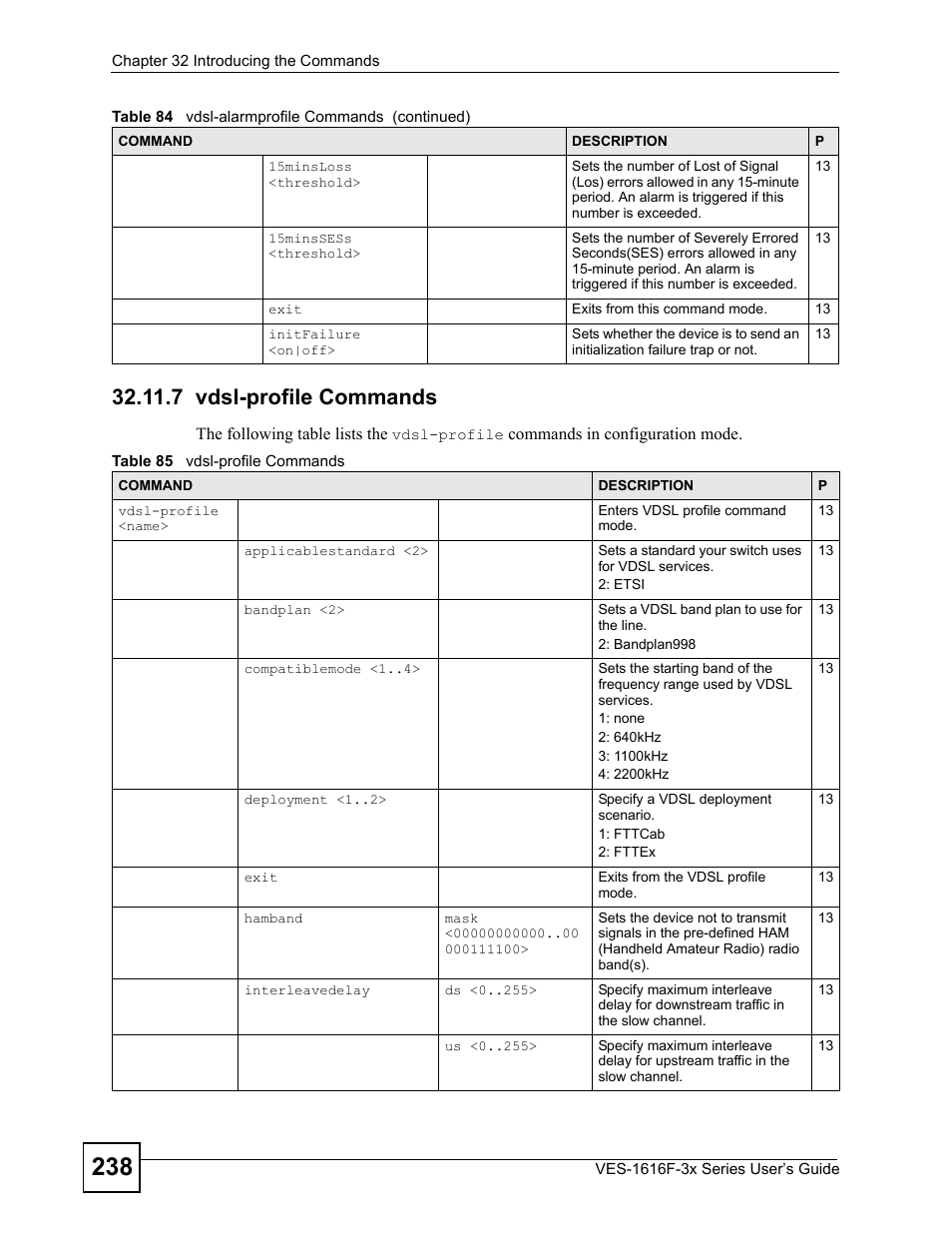 7 vdsl-profile commands, Table 85 vdsl-profile commands | ZyXEL Communications VDSL SWITCH VES-1616F-3X User Manual | Page 238 / 310