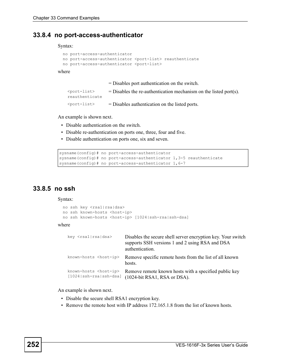 4 no port-access-authenticator, 5 no ssh, 4 no port-access-authenticator 33.8.5 no ssh | ZyXEL Communications VDSL SWITCH VES-1616F-3X User Manual | Page 252 / 310