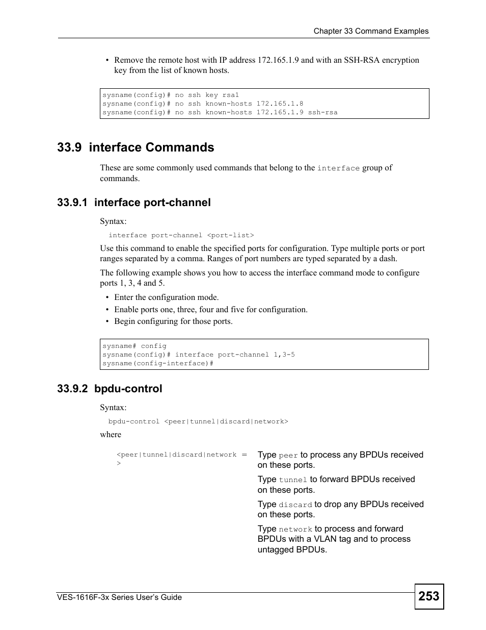 9 interface commands, 1 interface port-channel, 2 bpdu-control | 1 interface port-channel 33.9.2 bpdu-control | ZyXEL Communications VDSL SWITCH VES-1616F-3X User Manual | Page 253 / 310
