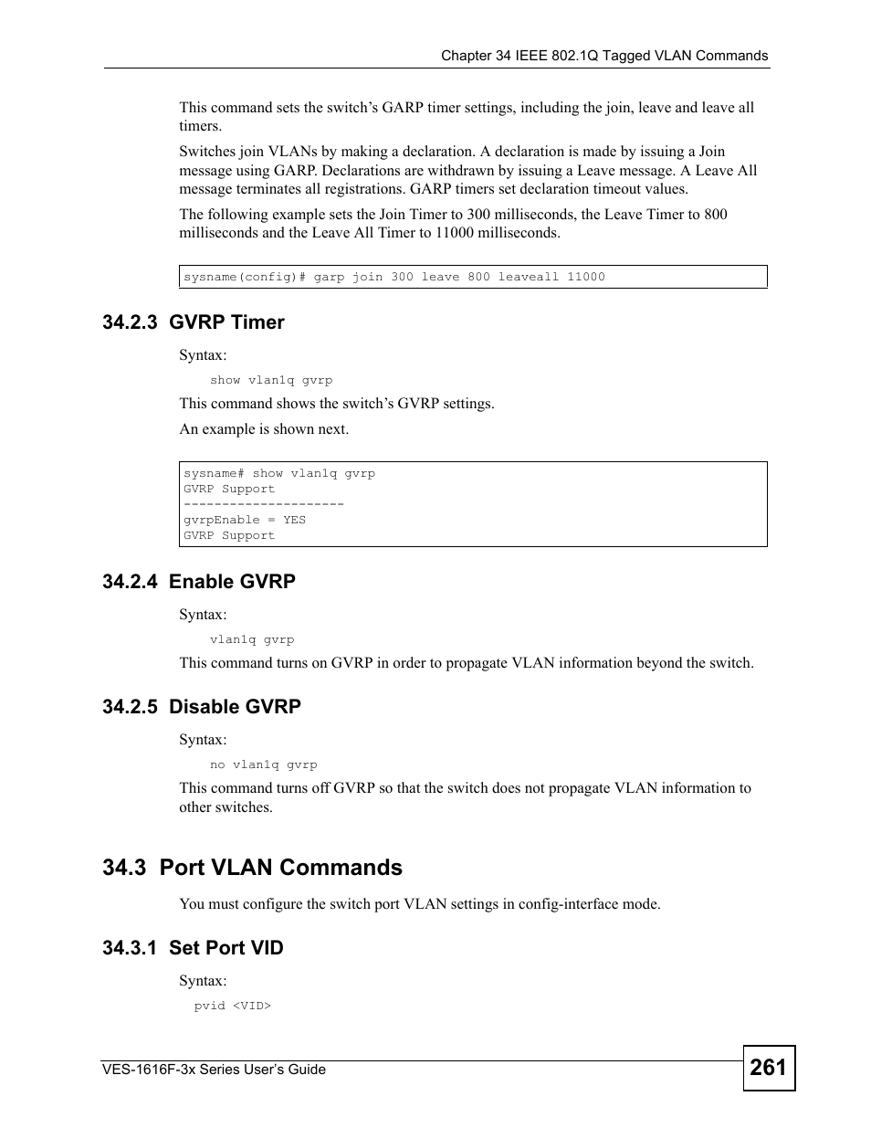 3 gvrp timer, 4 enable gvrp, 5 disable gvrp | 3 port vlan commands, 1 set port vid | ZyXEL Communications VDSL SWITCH VES-1616F-3X User Manual | Page 261 / 310