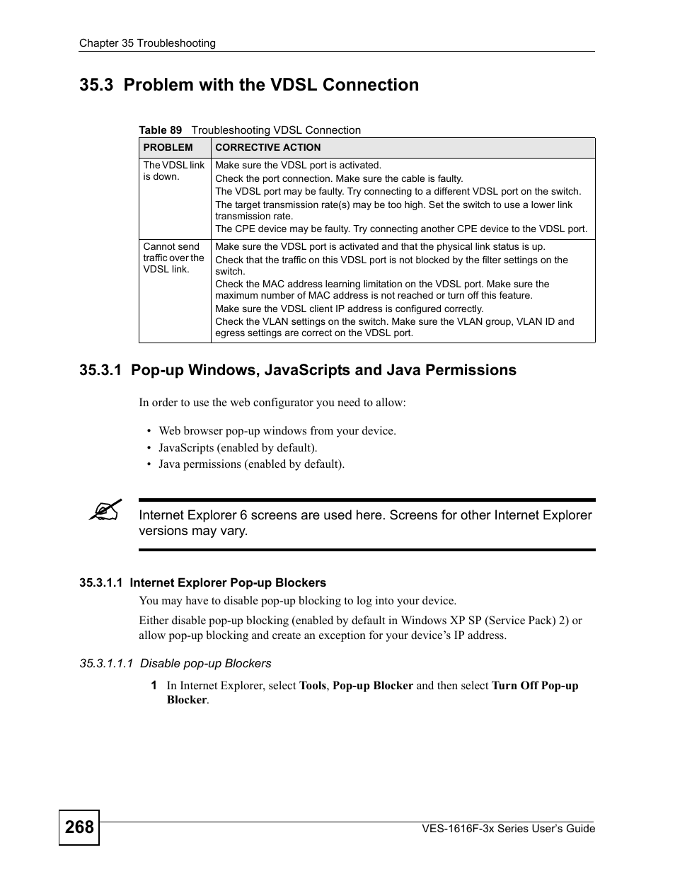 3 problem with the vdsl connection, 1 pop-up windows, javascripts and java permissions, Table 89 troubleshooting vdsl connection | ZyXEL Communications VDSL SWITCH VES-1616F-3X User Manual | Page 268 / 310