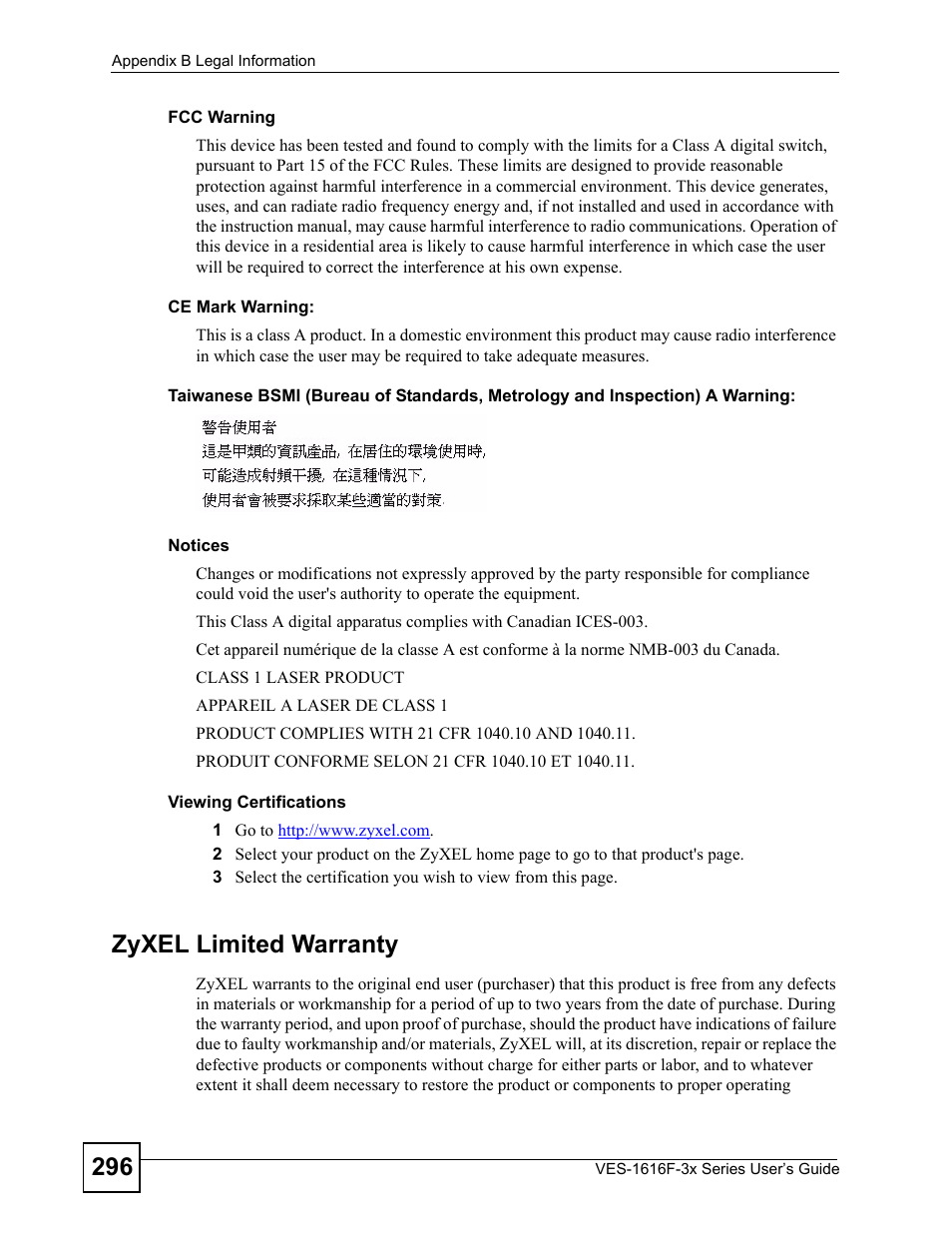 Zyxel limited warranty | ZyXEL Communications VDSL SWITCH VES-1616F-3X User Manual | Page 296 / 310