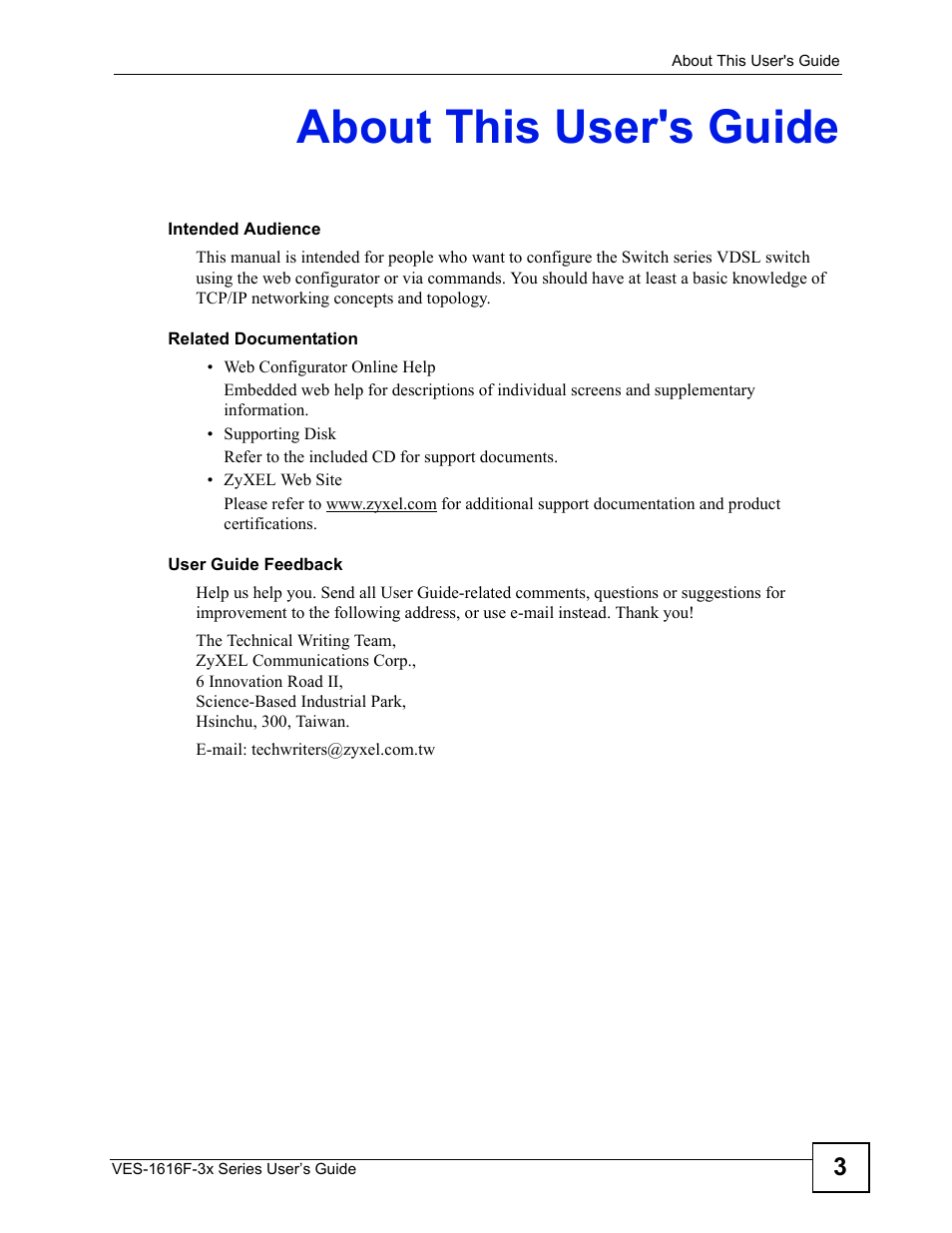 About this user's guide | ZyXEL Communications VDSL SWITCH VES-1616F-3X User Manual | Page 3 / 310
