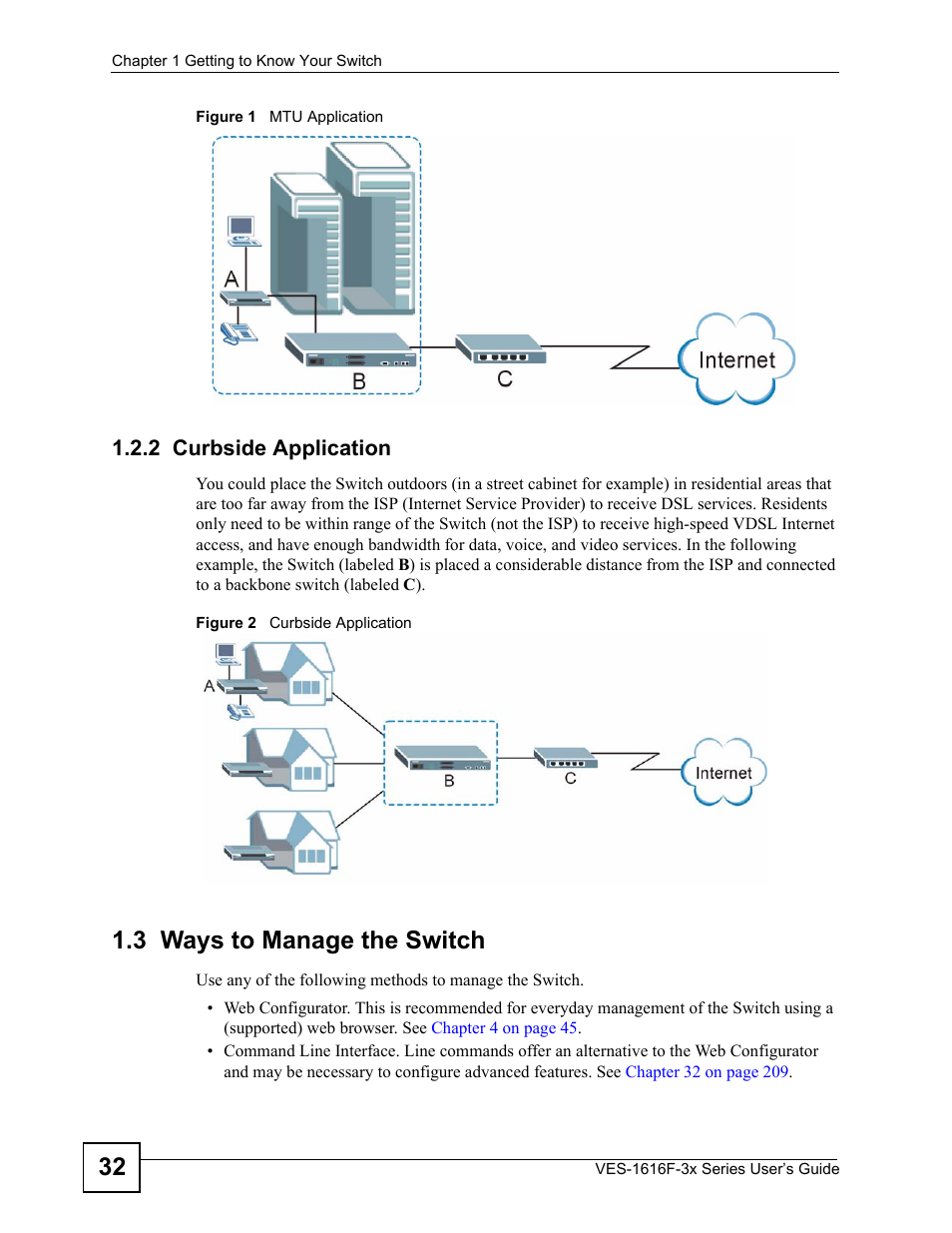 2 curbside application, 3 ways to manage the switch | ZyXEL Communications VDSL SWITCH VES-1616F-3X User Manual | Page 32 / 310