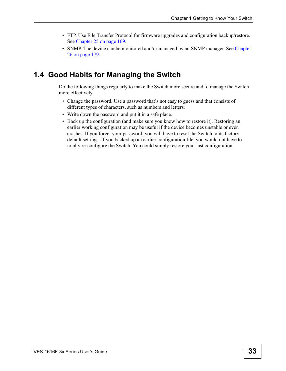 4 good habits for managing the switch | ZyXEL Communications VDSL SWITCH VES-1616F-3X User Manual | Page 33 / 310