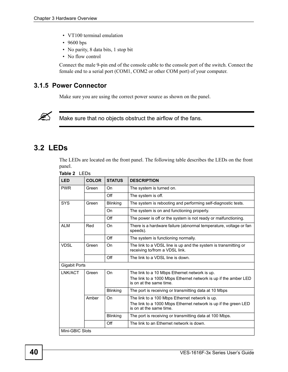 5 power connector, 2 leds, Table 2 leds | ZyXEL Communications VDSL SWITCH VES-1616F-3X User Manual | Page 40 / 310