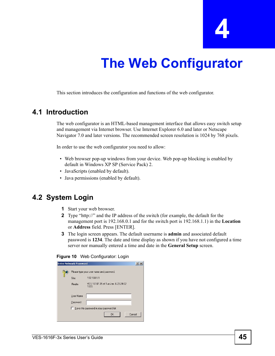 The web configurator, 1 introduction, 2 system login | Chapter 4 the web configurator, 1 introduction 4.2 system login, Figure 10 web configurator: login | ZyXEL Communications VDSL SWITCH VES-1616F-3X User Manual | Page 45 / 310