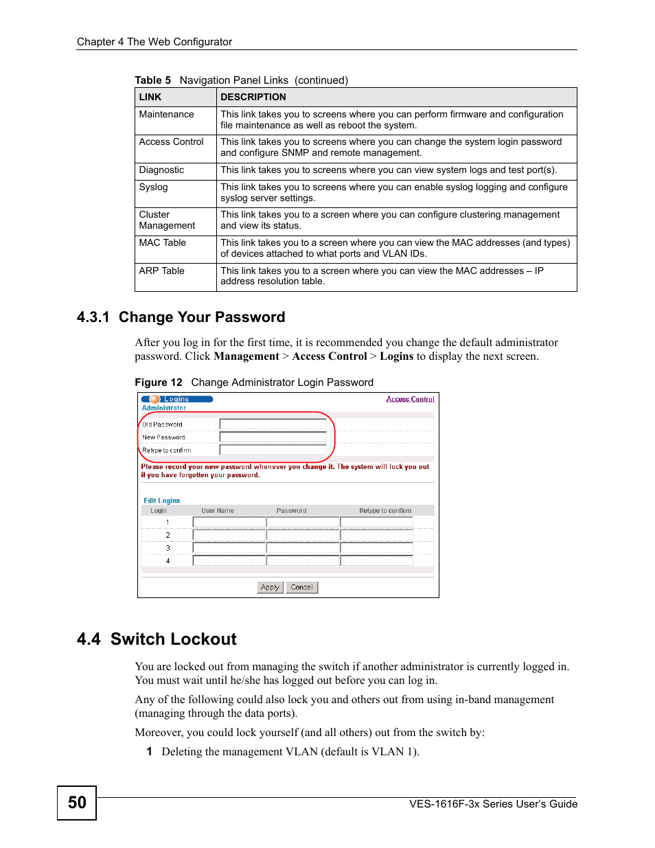 1 change your password, 4 switch lockout, Figure 12 change administrator login password | ZyXEL Communications VDSL SWITCH VES-1616F-3X User Manual | Page 50 / 310