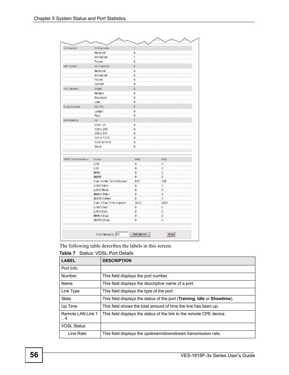 Table 7 status: vdsl port details | ZyXEL Communications VDSL SWITCH VES-1616F-3X User Manual | Page 56 / 310