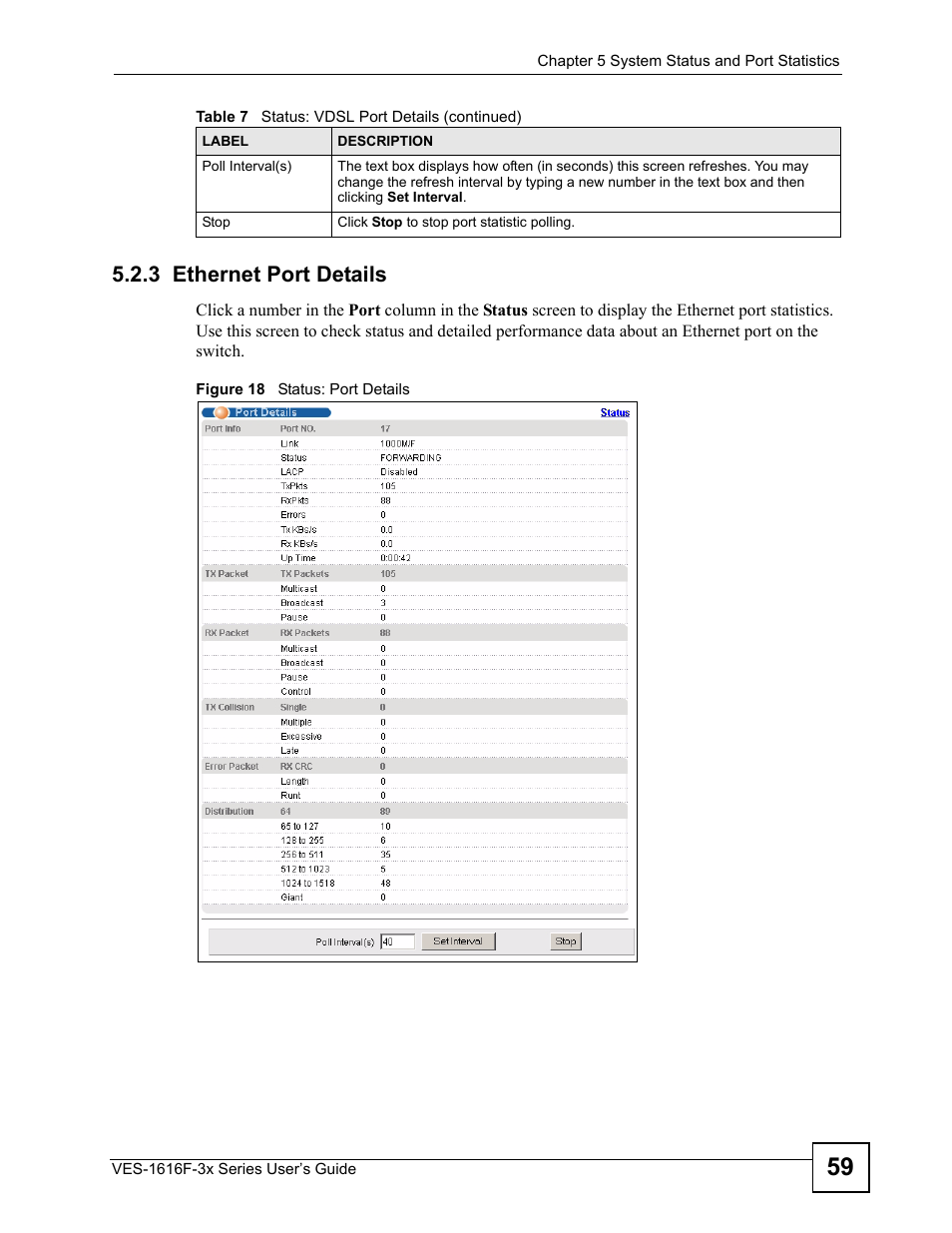 3 ethernet port details, Figure 18 status: port details | ZyXEL Communications VDSL SWITCH VES-1616F-3X User Manual | Page 59 / 310