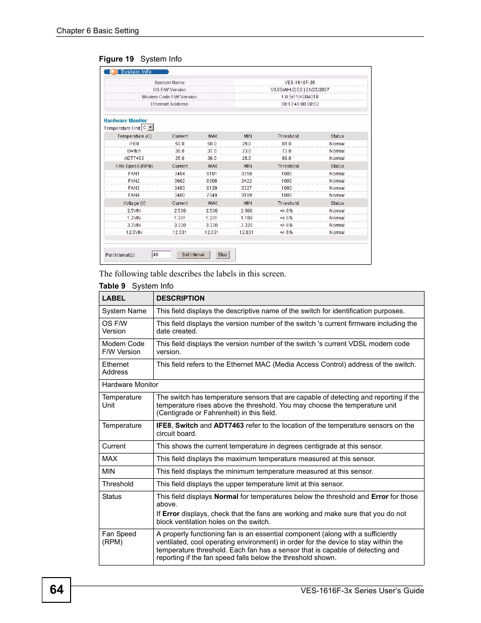 Figure 19 system info, Table 9 system info | ZyXEL Communications VDSL SWITCH VES-1616F-3X User Manual | Page 64 / 310