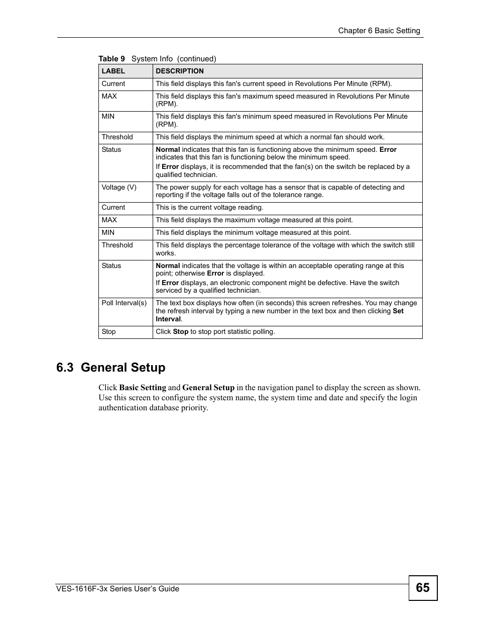 3 general setup, 65 6.3 general setup | ZyXEL Communications VDSL SWITCH VES-1616F-3X User Manual | Page 65 / 310