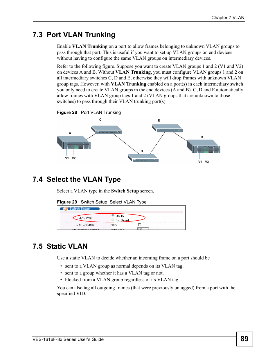 3 port vlan trunking, 4 select the vlan type, 5 static vlan | 89 7.3 port vlan trunking | ZyXEL Communications VDSL SWITCH VES-1616F-3X User Manual | Page 89 / 310