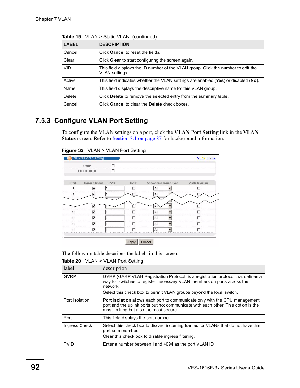 3 configure vlan port setting, Figure 32 vlan > vlan port setting, Table 20 vlan > vlan port setting | ZyXEL Communications VDSL SWITCH VES-1616F-3X User Manual | Page 92 / 310