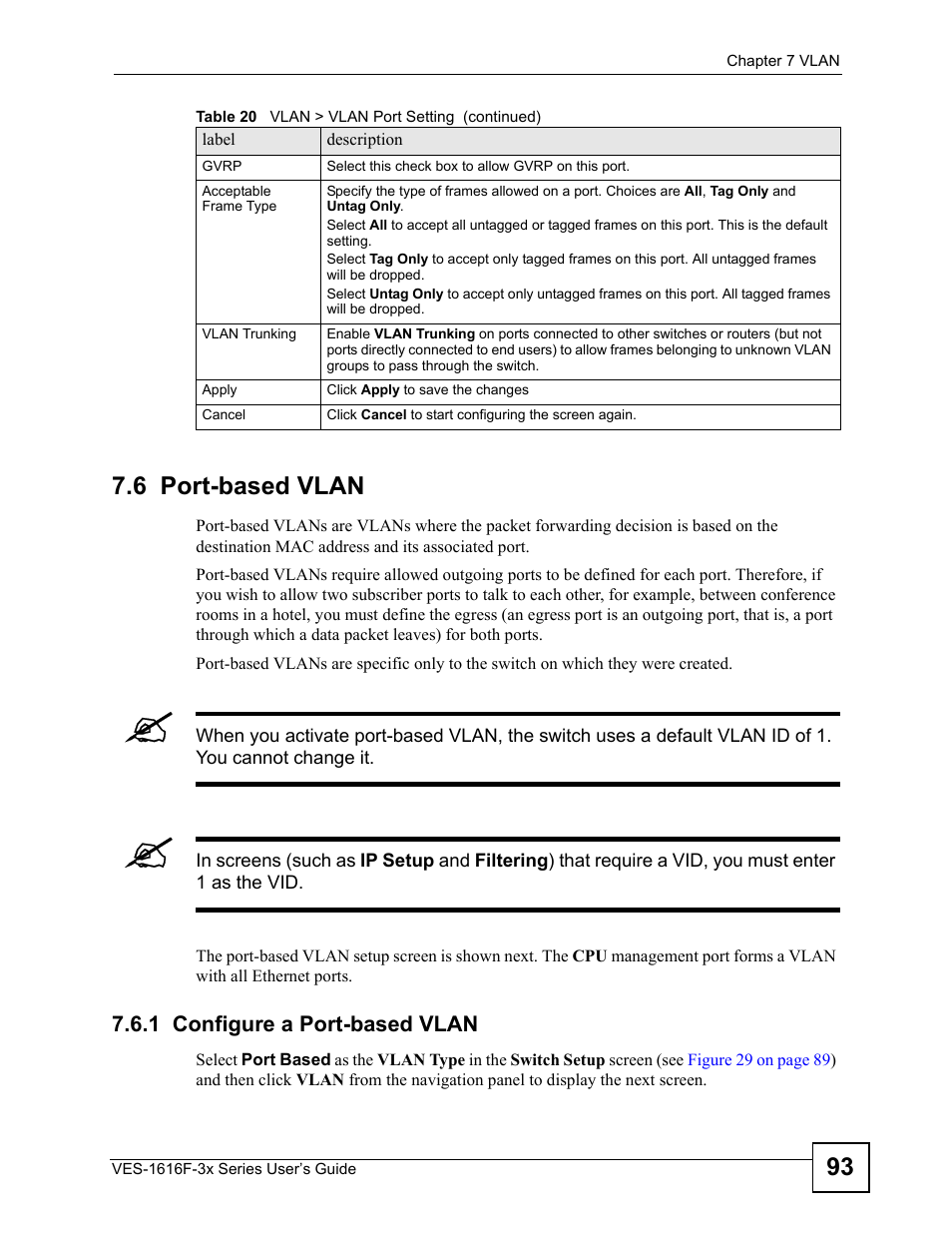 6 port-based vlan, 1 configure a port-based vlan, 93 7.6 port-based vlan | ZyXEL Communications VDSL SWITCH VES-1616F-3X User Manual | Page 93 / 310