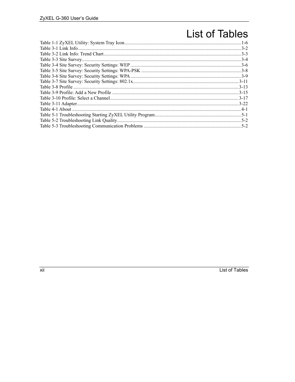List of tables | ZyXEL Communications G-360 User Manual | Page 12 / 65