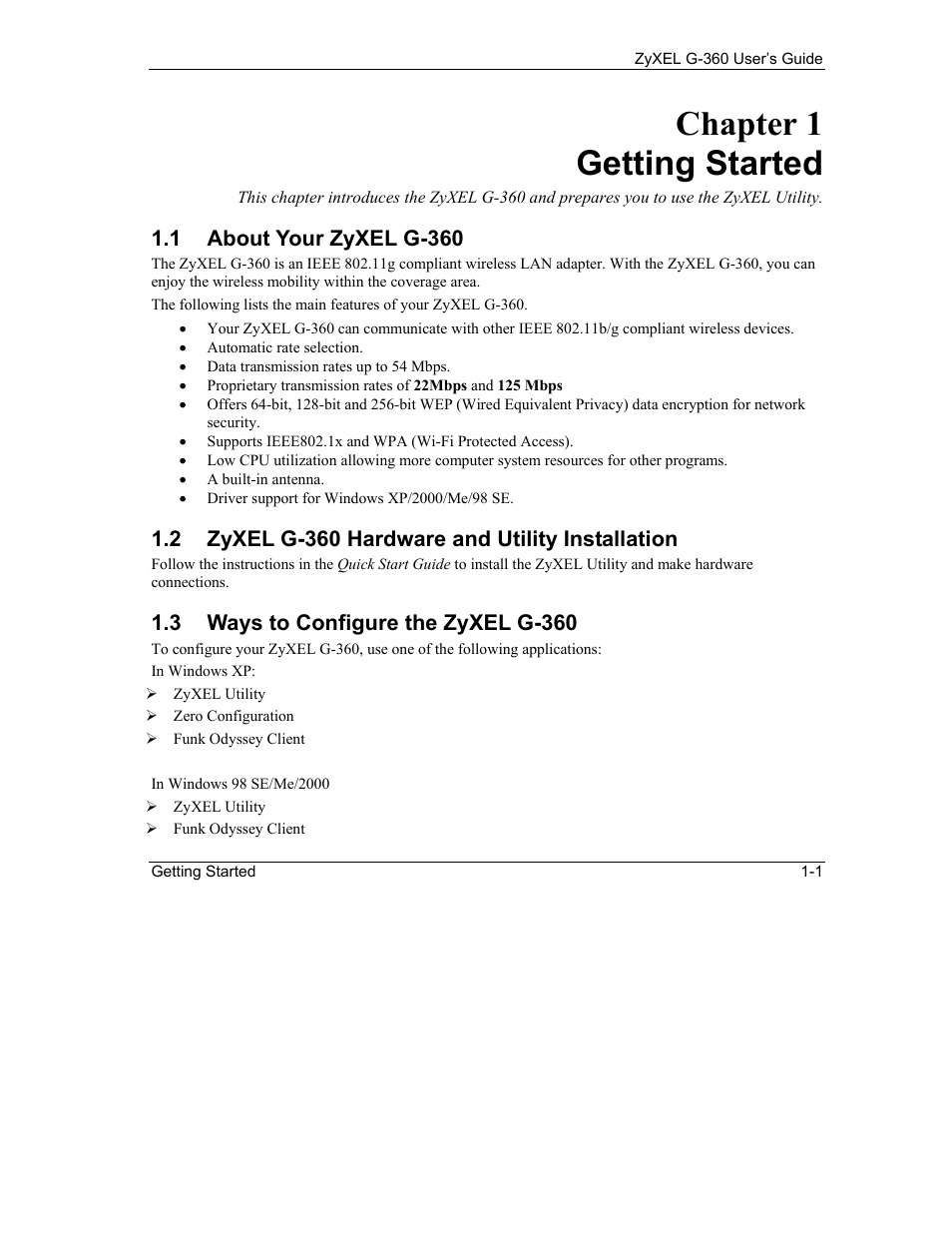 Getting started, About your zyxel g-360, Zyxel g-360 hardware and utility installation | Ways to configure the zyxel g-360, Chapter 1 getting started, 1 about your zyxel g-360, 2 zyxel g-360 hardware and utility installation, 3 ways to configure the zyxel g-360 | ZyXEL Communications G-360 User Manual | Page 15 / 65