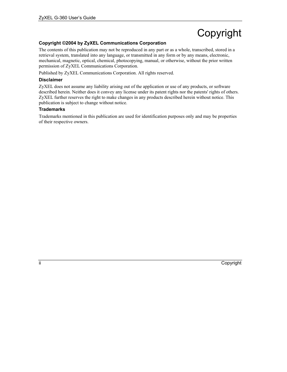 Copyright | ZyXEL Communications G-360 User Manual | Page 2 / 65