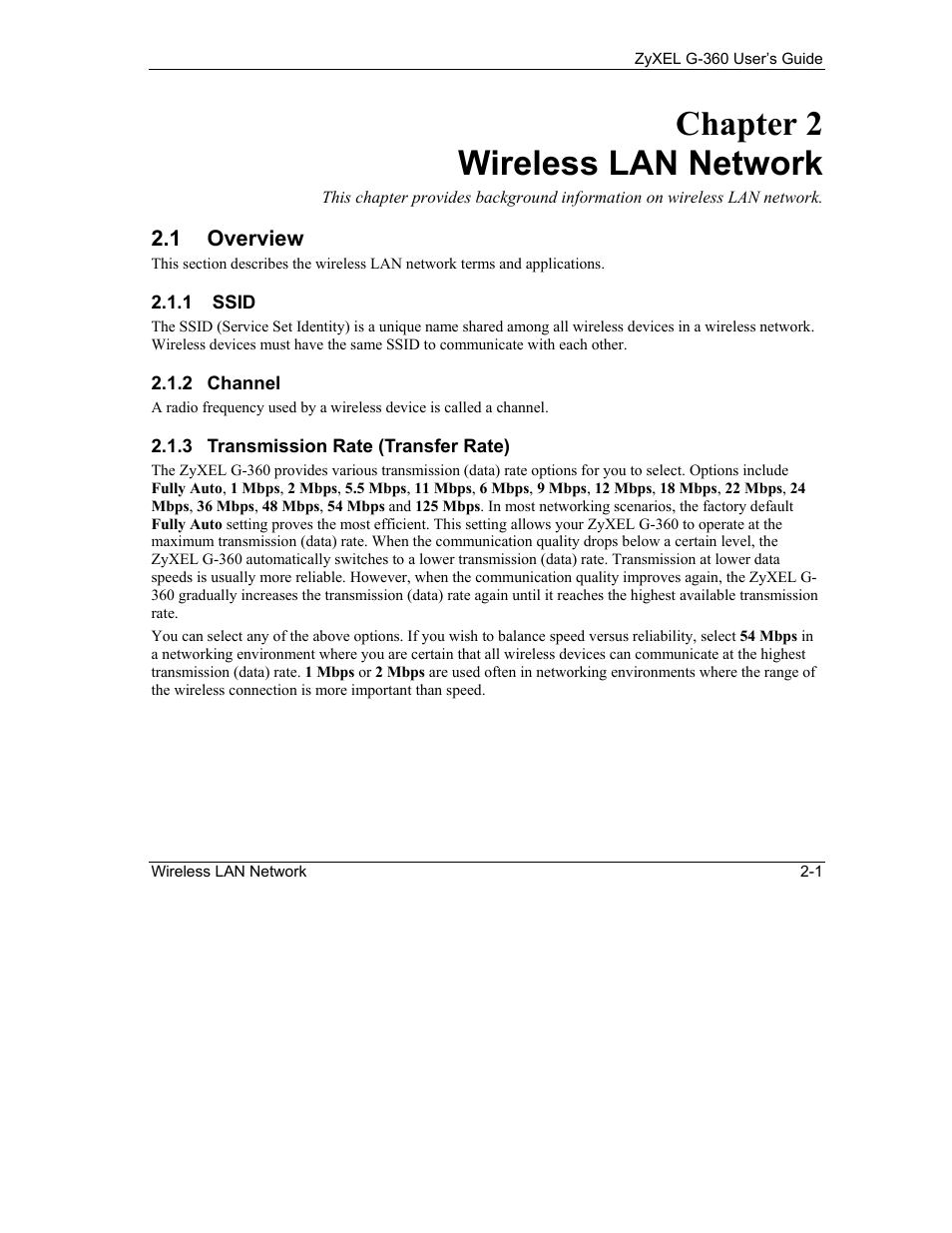 Wireless lan network, Overview, Chapter 2 wireless lan network | ZyXEL Communications G-360 User Manual | Page 21 / 65