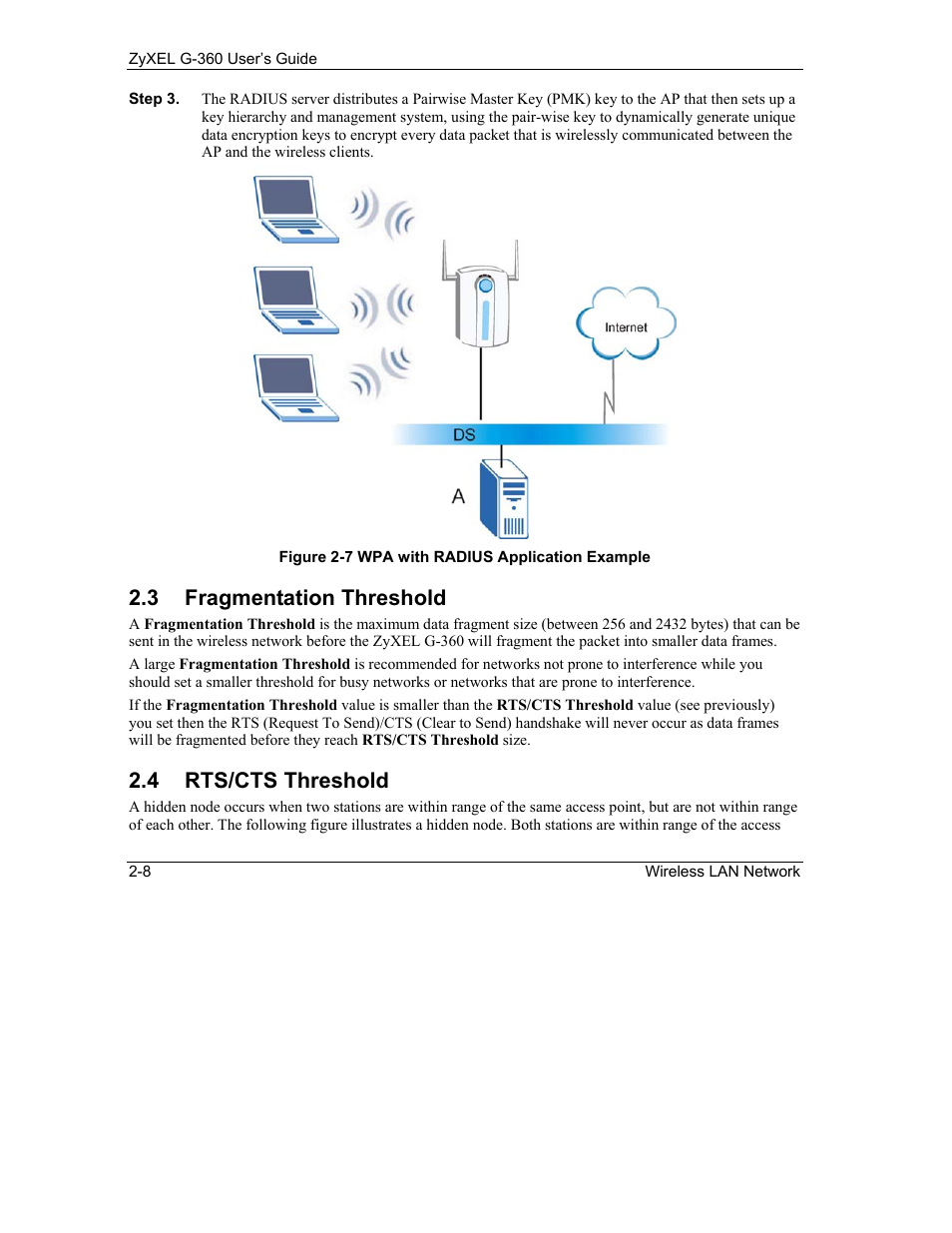 Fragmentation threshold, Rts/cts threshold, 3 fragmentation threshold | 4 rts/cts threshold | ZyXEL Communications G-360 User Manual | Page 28 / 65