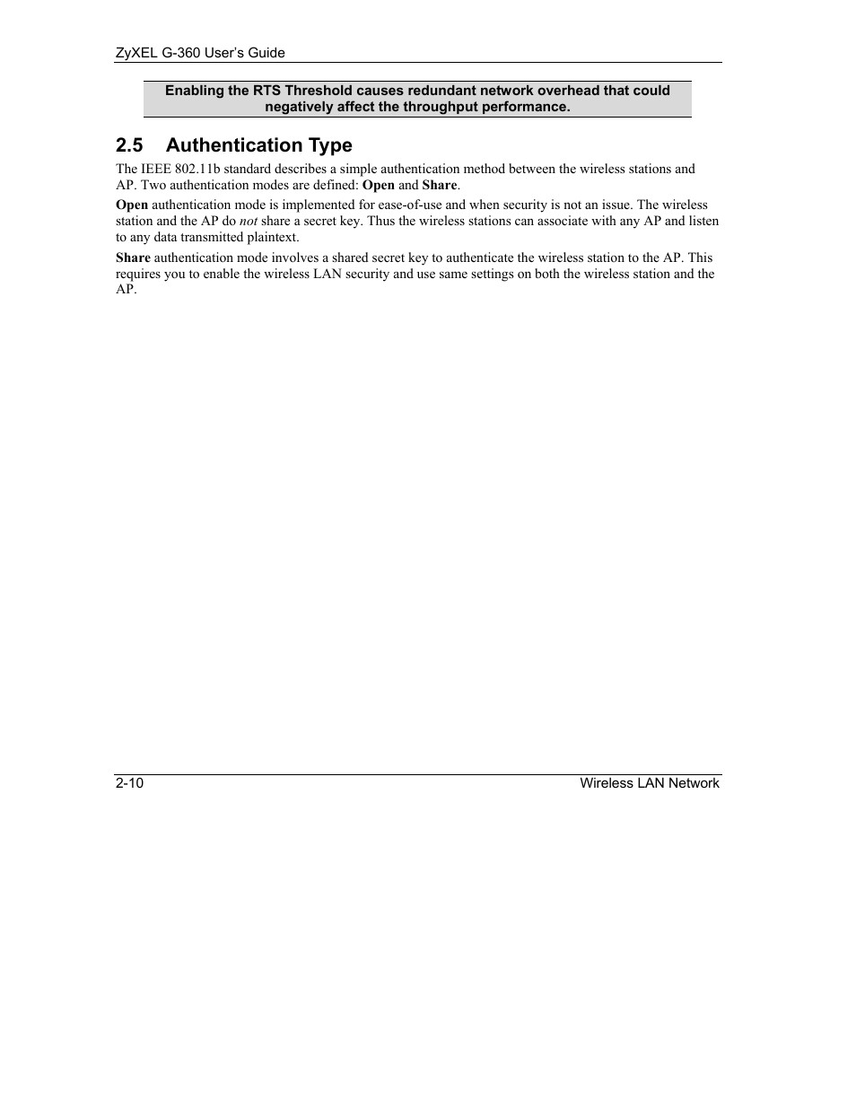Authentication type, 5 authentication type | ZyXEL Communications G-360 User Manual | Page 30 / 65