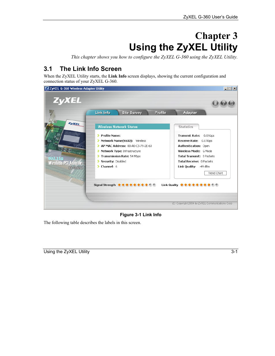 Using the zyxel utility, The link info screen, Chapter 3 using the zyxel utility | ZyXEL Communications G-360 User Manual | Page 31 / 65