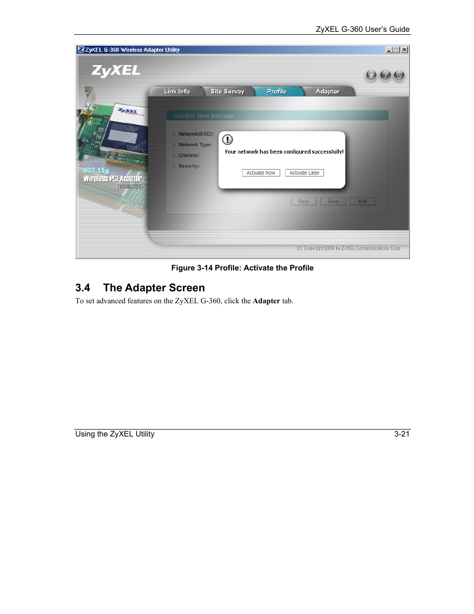 The adapter screen, 4 the adapter screen | ZyXEL Communications G-360 User Manual | Page 51 / 65