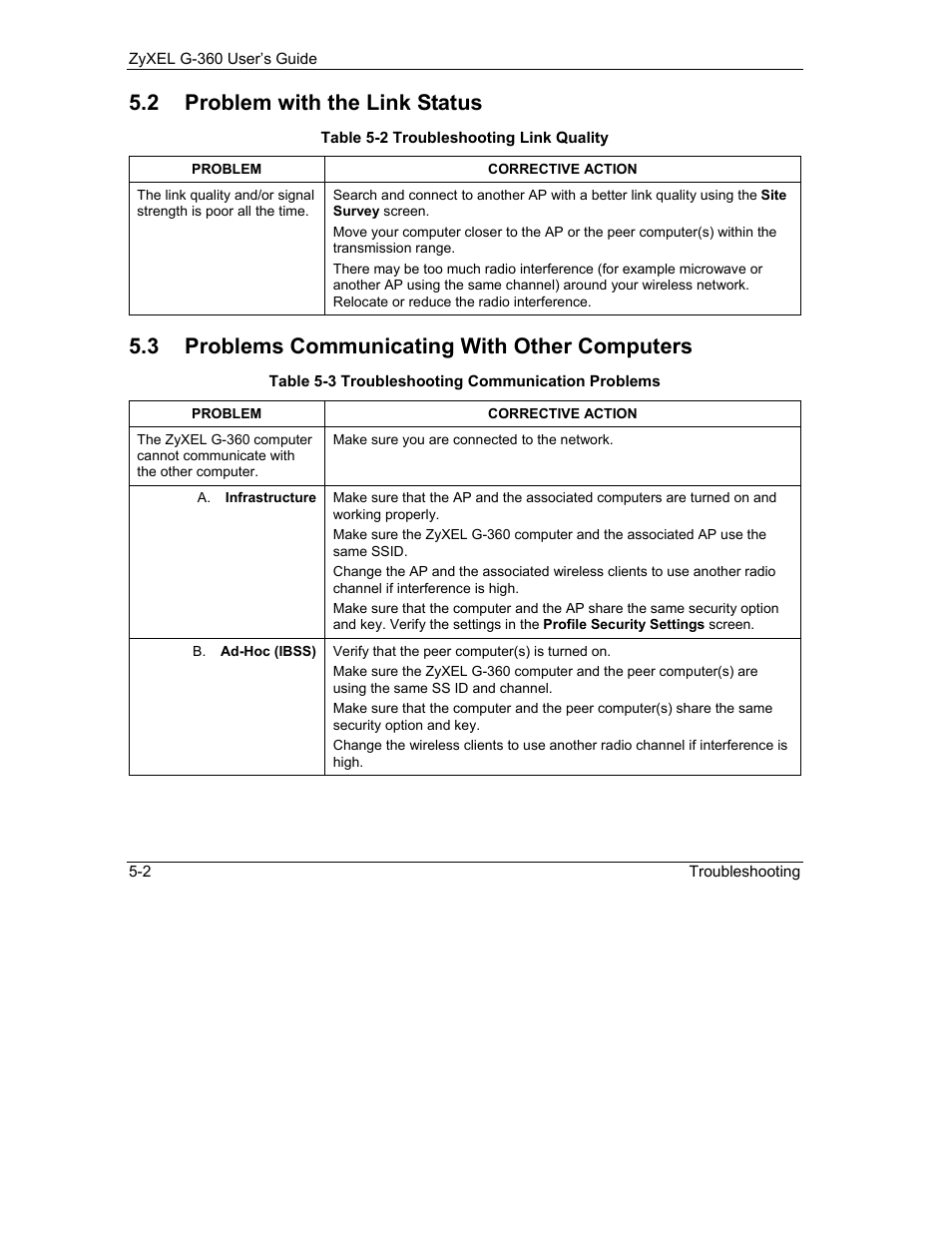 Problem with the link status, Problems communicating with other computers, 2 problem with the link status | 3 problems communicating with other computers | ZyXEL Communications G-360 User Manual | Page 58 / 65