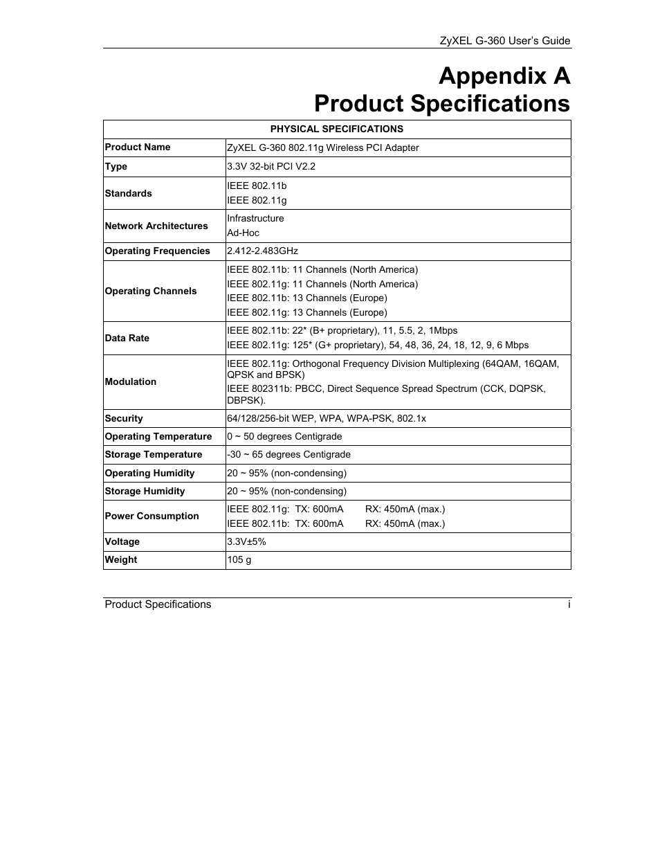 A. product specifications, Appendix a product specifications | ZyXEL Communications G-360 User Manual | Page 59 / 65