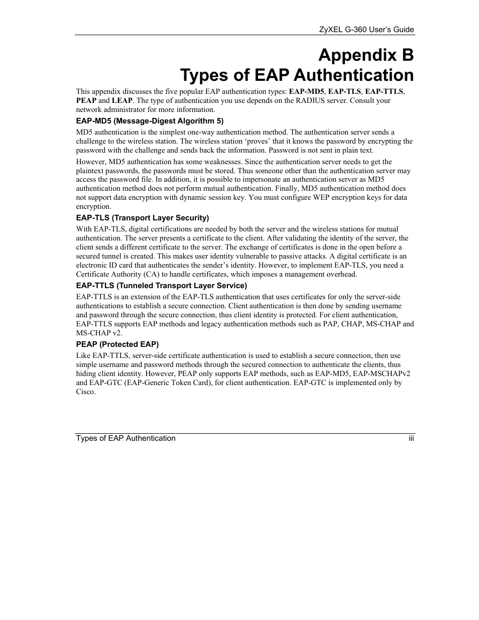 B. types of eap authentication, Appendix b types of eap authentication | ZyXEL Communications G-360 User Manual | Page 61 / 65