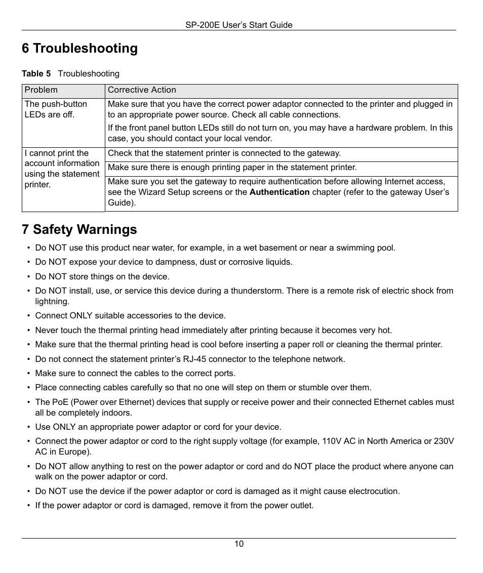 6 troubleshooting, 7 safety warnings | ZyXEL Communications SP-200E User Manual | Page 10 / 11