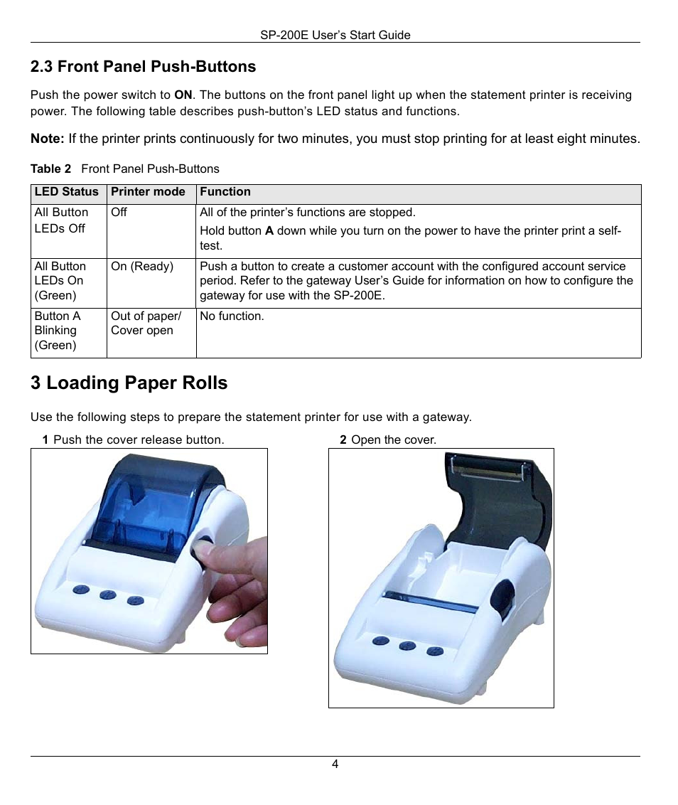 3 loading paper rolls, 3 front panel push-buttons | ZyXEL Communications SP-200E User Manual | Page 4 / 11