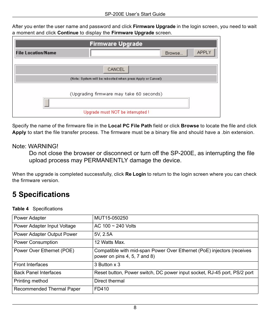 5 specifications | ZyXEL Communications SP-200E User Manual | Page 8 / 11